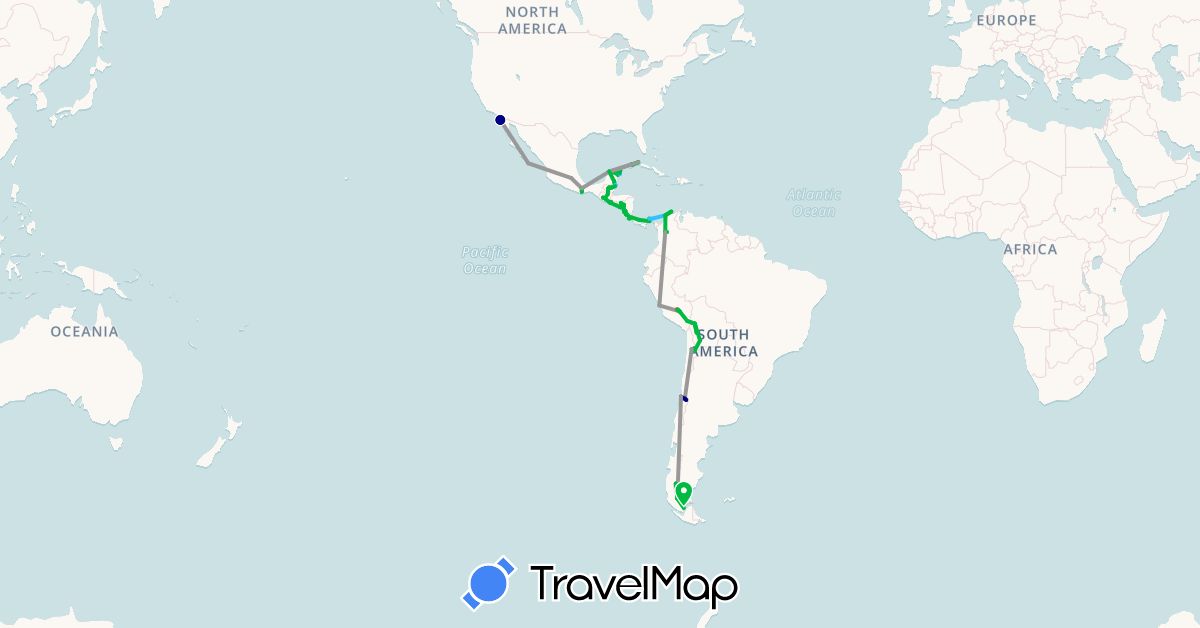 TravelMap itinerary: driving, bus, plane, cycling, hiking, boat in Argentina, Bolivia, Belize, Chile, Colombia, Costa Rica, Cuba, Guatemala, Mexico, Nicaragua, Panama, Peru, El Salvador (North America, South America)